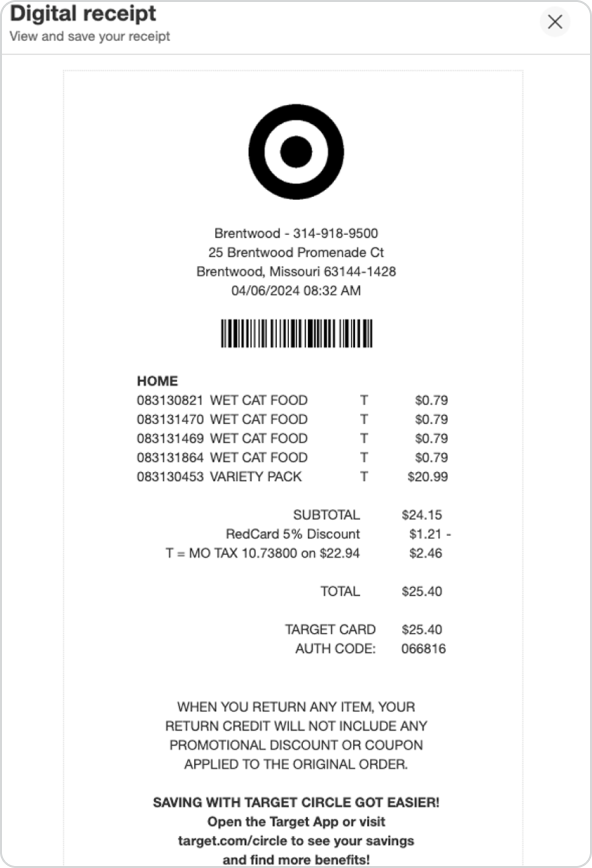 Target from the mobile website in-store purchases