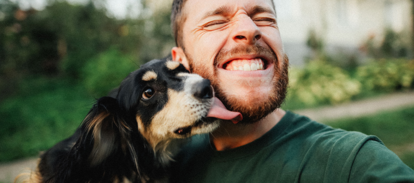 A small black and tan dog lovingly licks a man's face