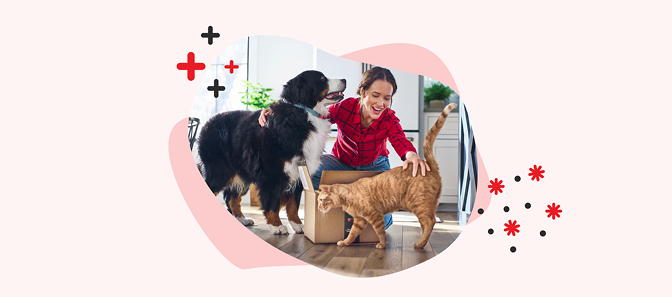 woman petting dog and cat around a box she is opening