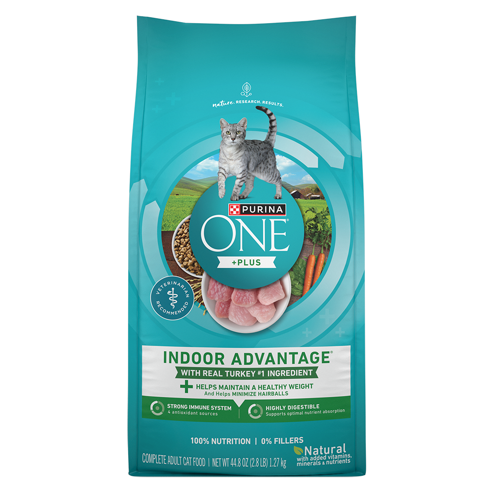 Bag of Purina ONE +Plus Indoor Advantage Turkey Dry Cat Food.